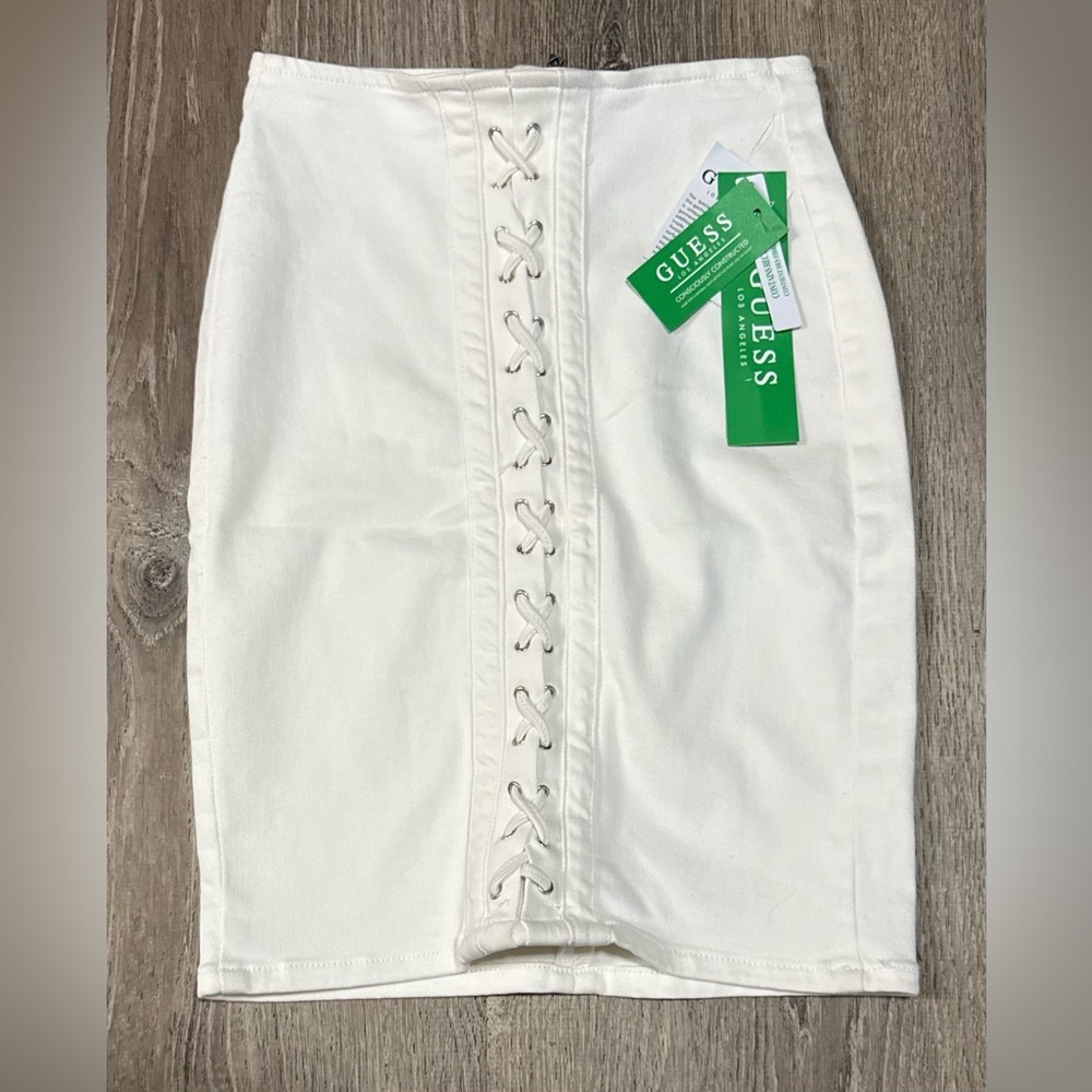 GUESS Cecilia White Lace-Up Denim Pencil Skirt | NWT | XS 2 - Picture 2 of 6